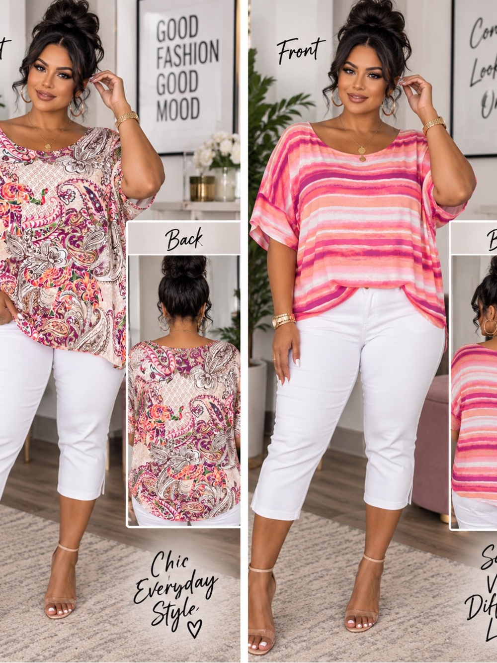 Chicos Reversible Pink Stripe & Paisley Women’s Tunic Modern